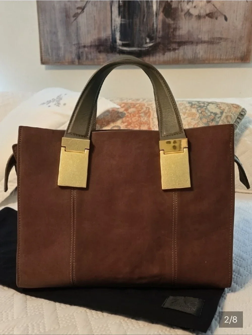 Zac Posen Chestnut Brown Suede Leather Top-Handle/Crossbody with Gold Hardware